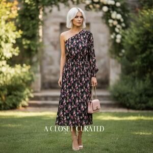 MSGM One Shoulder Plisse Midi Dress Medium Black NEW